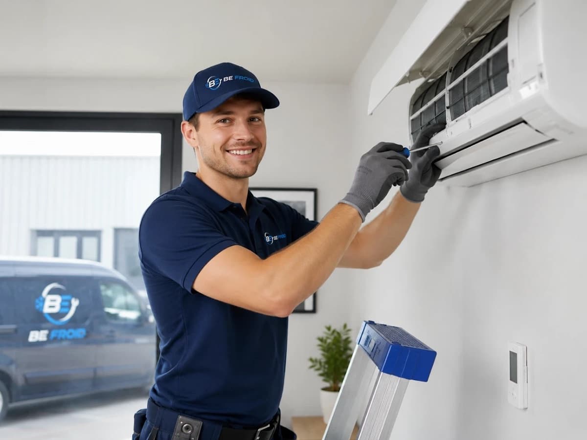 Technicien BE Froid souriant, en casquette et polo de l'entreprise, travaillant sur une climatisation murale
